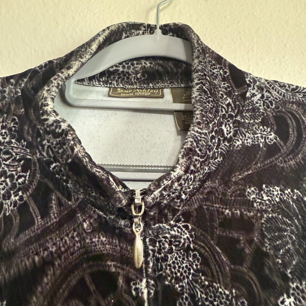 Jane Ashley Jacket Women's Large Black Paisley Long Sleeve Mock Neck Fleece Zip - Picture 2 of 10